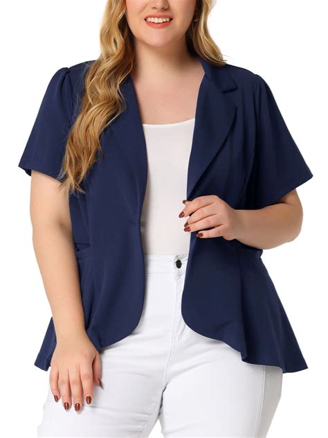 Agnes Orinda Plus Size Blazer For Women Office Work Short Sleeves Button Blazers Jackets Dark