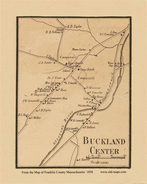 Buckland Center Massachusetts 1858 Old Town Map Custom Print Franklin Co Old Maps