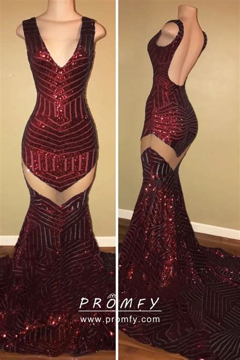 Sparkly Sexy Burgundy Sequin Mermaid Backless Cut Out Prom Dress