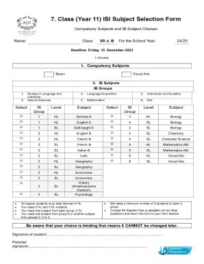 Fillable Online 7 Class Year 11 ISI Subject Selection Form Fax Email