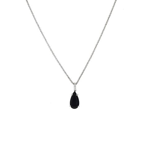 Sterling Silver Pear Black Agate And Diamond Pendant With Chain