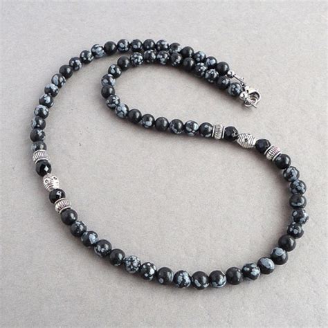 Snowflake Obsidian Black Onyx Mens Beaded Bracelet With Bali Etsy