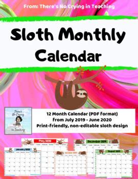 Sloth Monthly Calendar June To December Editable Text Boxes