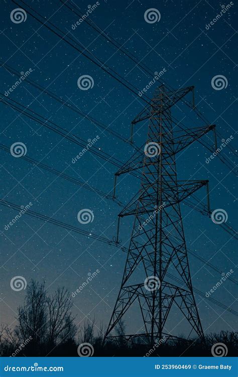 Newburn Uk Looking Up At Electricity Pylons On A Clear Starry Night