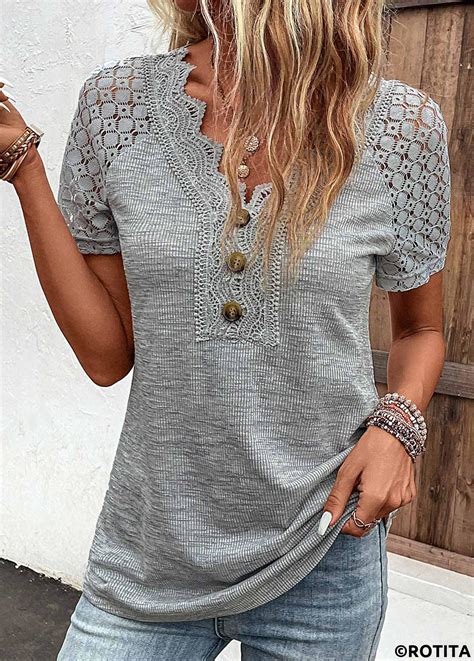 ROTITA Lace Grey V Neck Short Sleeve T Shirt Rotita USD 33 98