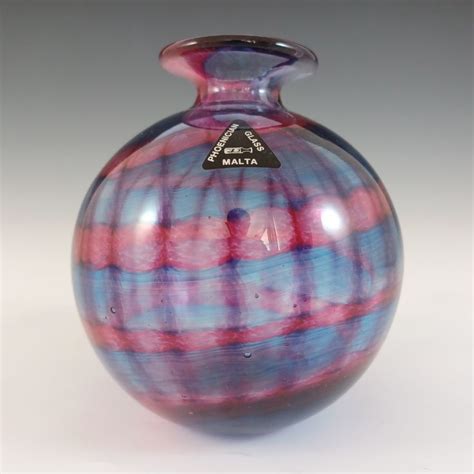 Signed Labelled Phoenician Vintage Pink Blue Glass Vase Blue