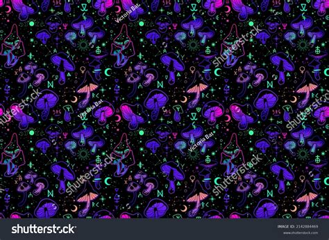 Magic Mushrooms Occult Symbols Seamless Pattern Stock Illustration