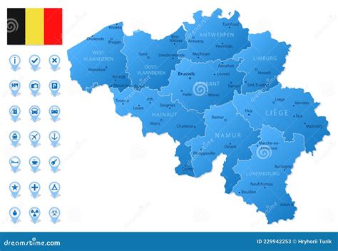 Blue Map Of Belgium Administrative Divisions With Travel Infographic