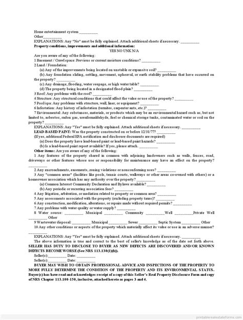 Printable Blank Sample Nevada Sellers Real Property Disclosure Form