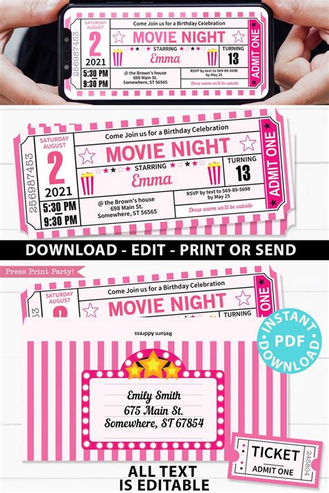 Movie Night Invitation Printables Pink Movie Ticket Stub Etsy