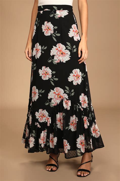 Black Maxi Skirt Floral Print Skirt Ruffled Maxi Skirt Lulus