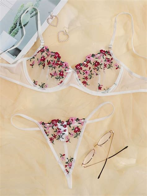 Floral Embroidered Mesh Underwire Lingerie Set Shein Uk