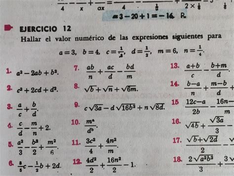 EJERCICIO 12Hallar el valor numérico de las expresiones siguientes para