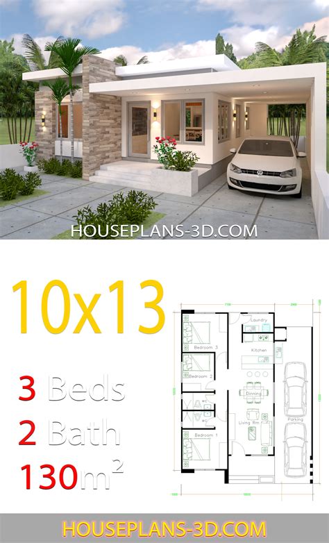 House Design 10x13 with 3 Bedrooms Full Plans - House Plans 3D