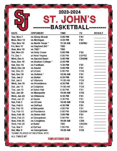 Printable 2023 2024 St Johns Red Storm Basketball Schedule