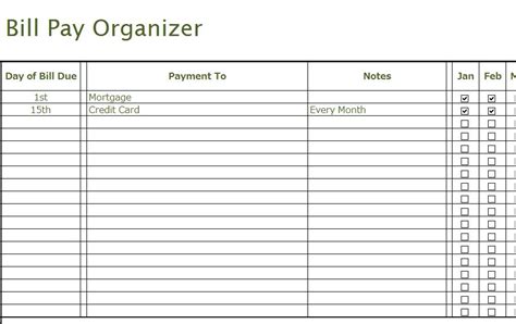 Bill Organizer Template Excel - Printable Word Searches