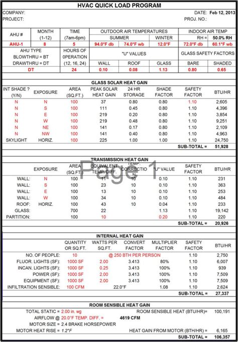 Hvac Load Calculation Spreadsheet for Hvac Load Calculation Worksheet ...