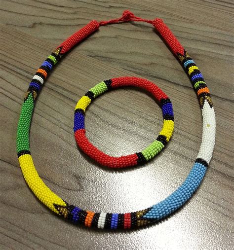 South African Zulu Ethnic Handmade Patterned Bead Rope Necklace And