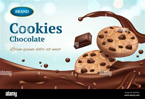 Cookies advertizing. Healthy delicious food chocolate biscuits on table vector ads placard or ...