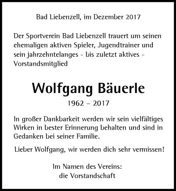 Traueranzeigen von Wolfgang Bäuerle Schwarzwälder Bote Trauer