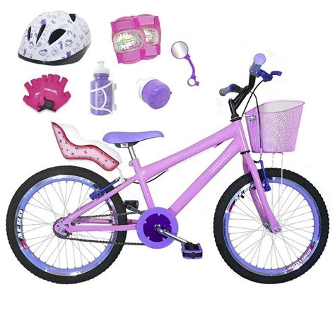 Bicicleta Infantil Aro 20 Lilas Kit E Roda Aero Rosa Bebe C Cadeirinha