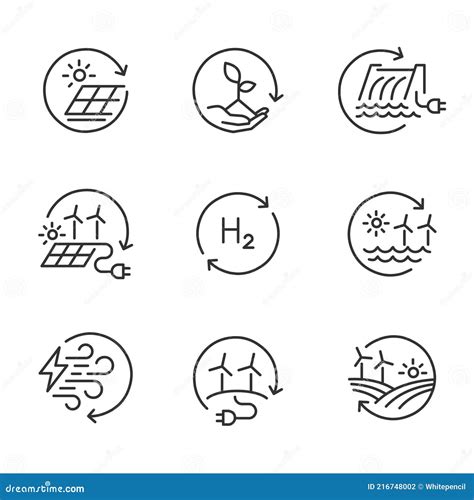 Renewable Energy Line Icon Logo Set Wind Solar Hydro Wave Hydrogen