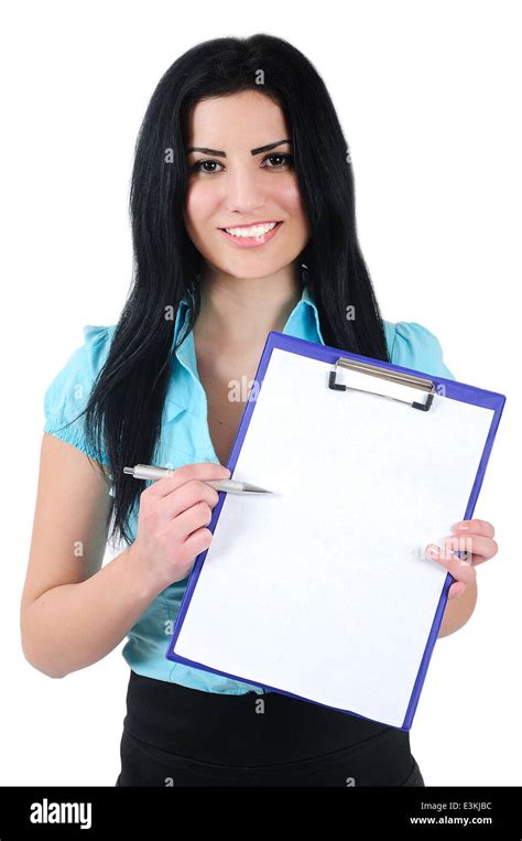 Isolated Woman Showing Blank Clipboard Stock Photo Alamy