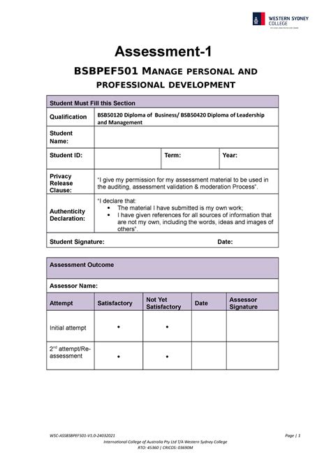 Bsbpef 501 Assessment Task 1 Assessment BSBPEF501 MANAGE PERSONAL