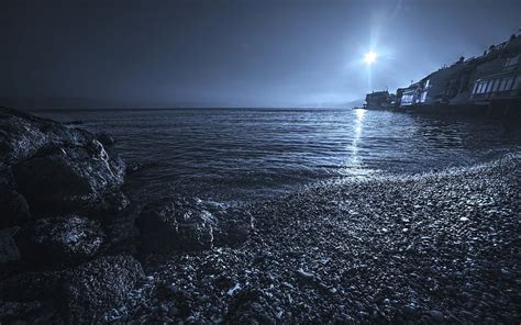 Beach Moonlight Rock Night 1080P 2K 4K 5K HD Wallpapers Free