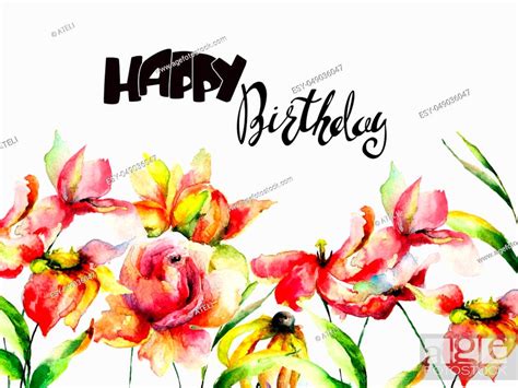 Wild Flowers With Title Happy Birthday Watercolor Illustration Hand Painted Drawing Stock