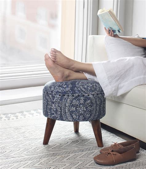 Upholstered Foot Stool Wooden Handcrafted Round Ottoman Sitting Pouffe