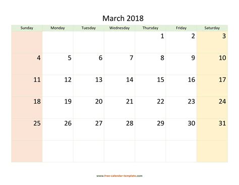 March 2018 Calendar Printable With Coloring On Weekend Horizontal