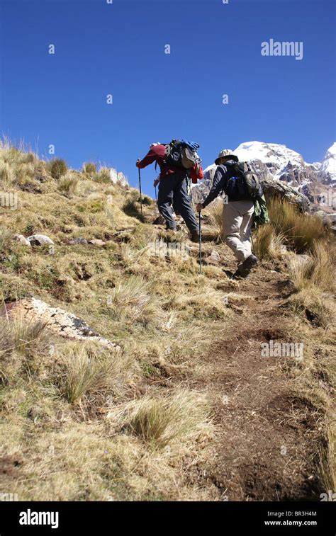 Hikers On Trail In High Andes Cordillera Huayhuash Andes Peru South