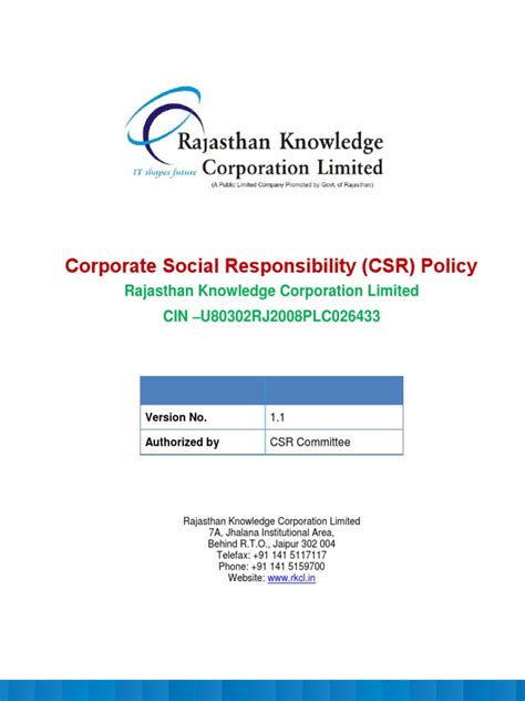 Corporate Social Responsibility Csr Policy Rajasthan Knowledge Corporation Limited Cin