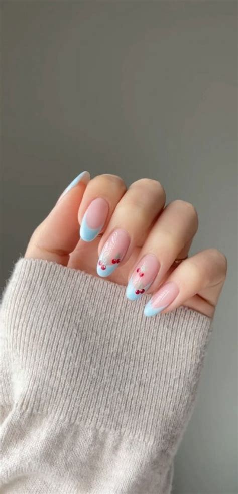 Cute Sky Blue French Tip Nails Blue Frenchies With Cherries