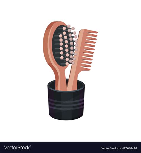 Wooden Hairbrush And Comb In Black Cup Royalty Free Vector