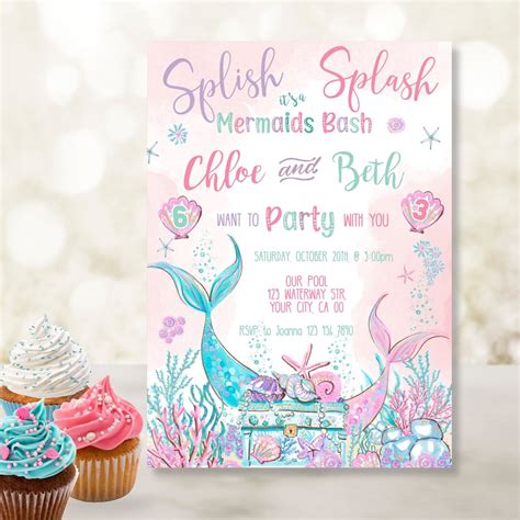 Editable Mermaid Birthday Invitation Splish Splash It S A Mermaids