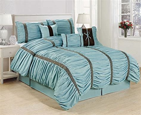 7 Piece Calinda Chocolate Stripe Blue Ruffled Clearance Bedding