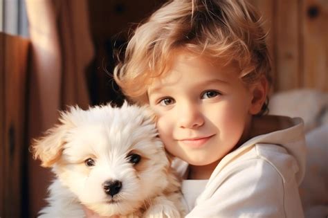 Retrato de un niño lindo con un abrazo un cachorro esponjoso con amor y