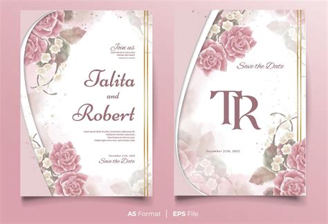 Watercolor Wedding Invitation Template With Pink And Brown Flower