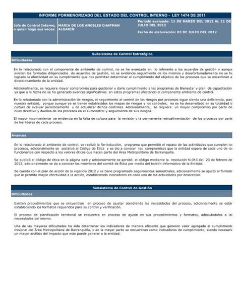 Informe Pormenorizado Del Estado Del Control Interno Area