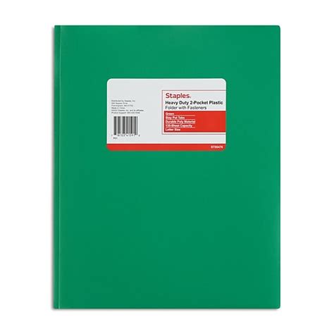 Staples Matte 2 Pocket Plastic Portfolio Folder With Fasteners Green