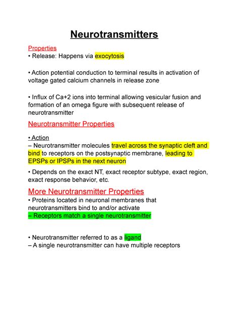 Psychopharmacology Notes Neurotransmitters Properties Release