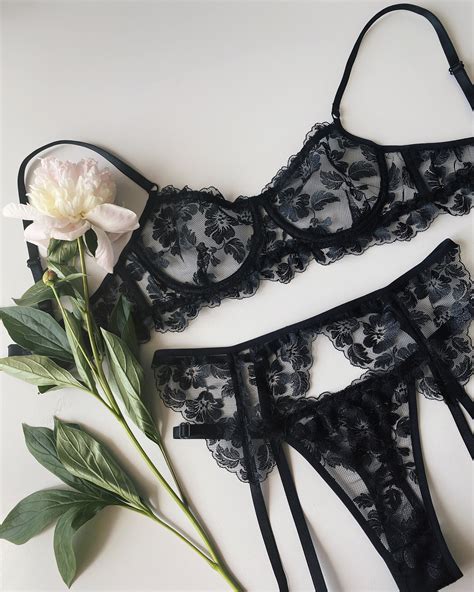 Black Lace Lingerie Set Sheer Lingerie Lingerie Floral Etsy