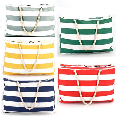 Wholesale Large Blue White Striped Beach Bag Big Oversized Cotton Canvas Shoulder Beach Tote Bag