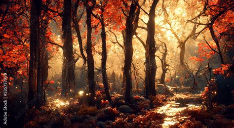 colorful Very beautiful fall forest at night with an epic fall foliage ...