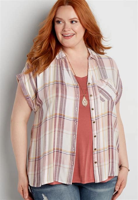 Plus Size Button Down Front And Back Dolman Plaid Shirt Maurices