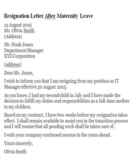 Free 4 Sample Maternity Resignation Letter Templates In Pdf Ms Word