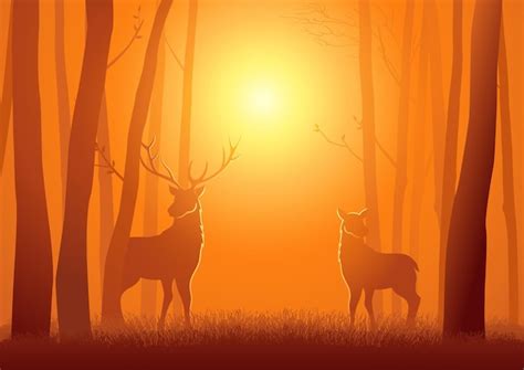 Premium Vector Silhouette Of Two Deer In The Woods