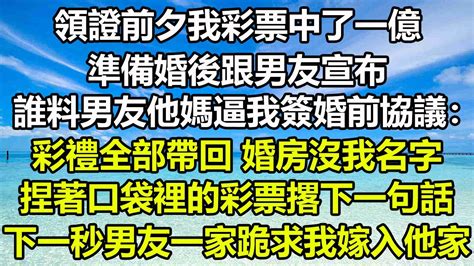 領證前夕我彩票中了一億，準備婚後跟男友宣布，誰料男友他媽逼我簽婚前協議：彩禮全部帶回 婚房沒我名字，我捏著口袋裡的彩票撂下一句話，下一秒男友